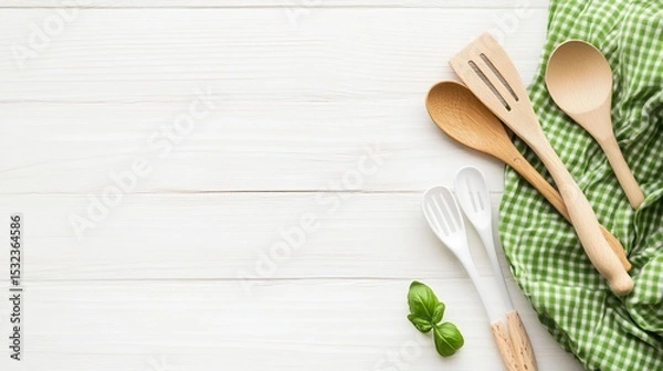 Fototapeta A white wooden table has a green cloth and cooking tools on it. This is a top-down view. You can easily add your product or text to the empty cloth area.
