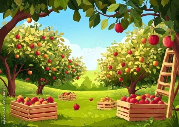 Fototapeta Sunlit Orchard with Ripe Apples in Wooden Crates