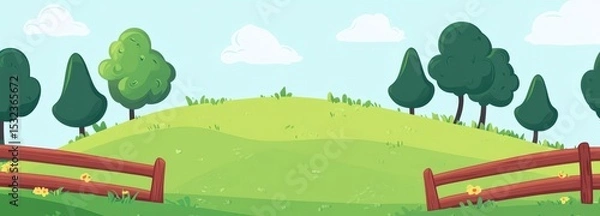 Fototapeta Tranquil Pastoral Pixel Art Rolling Green Hill with Trees and Fences