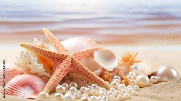 Obraz A peaceful, high-resolution beach composition with a golden-orange starfish laying at an angle on powdery white sand.