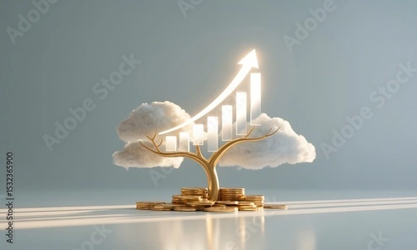 Fototapeta Growth concept, a tree of clouds with rising bar graph, financial success