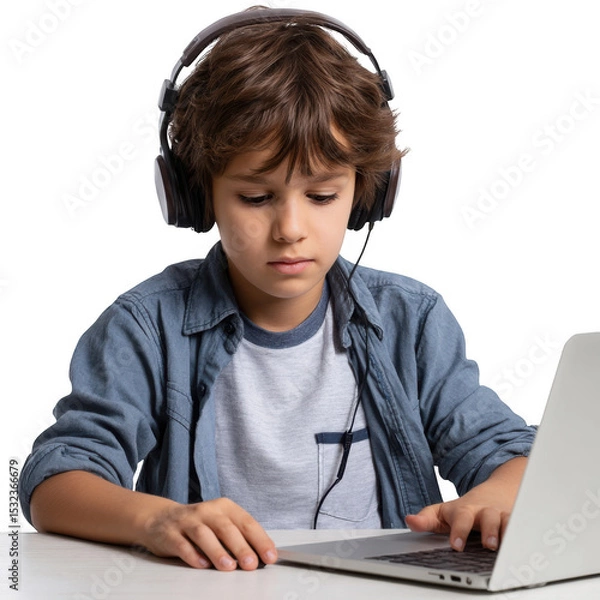 Fototapeta A young boy with headphones using a laptop computer on a white desk against a black background image