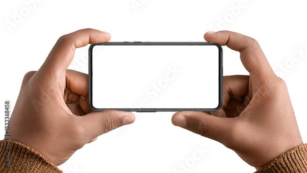 Fototapeta Hand holding the blank screen phone horizontally on transparent background PNG