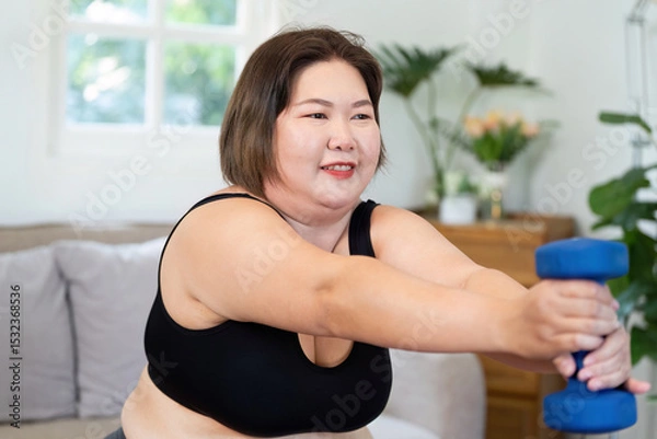 Fototapeta Inclusive Wellness. Plus-size woman exercising with dumbbell at home.