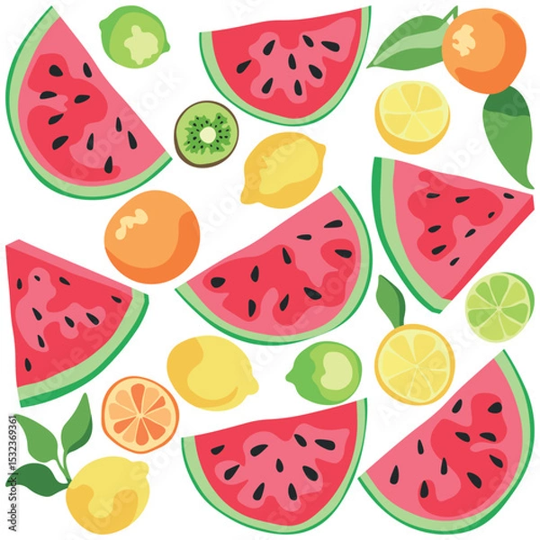 Fototapeta Set of sliced ​​juicy fruits. Watermelon, lemon, orange, lime and kiwi with juicy greens. Isolated fruits without background. Citrus fruits. Set of stickers.