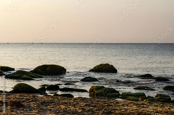 Fototapeta seashore with rocks among which water flows with open sea