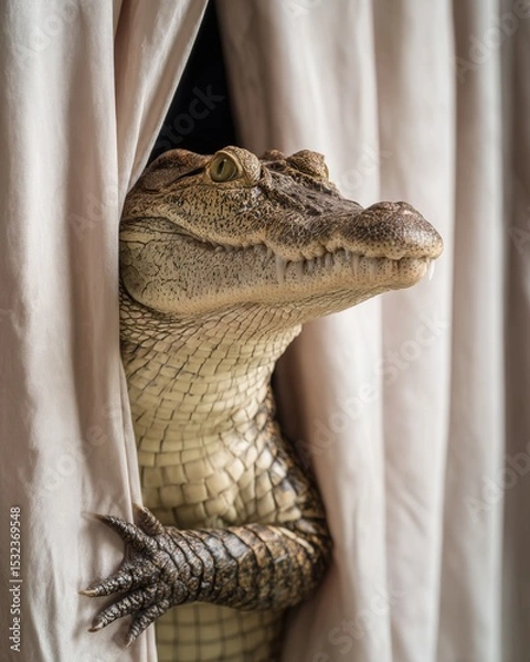 Fototapeta Curious Crocodile Peeking Through Curtain in Soft Natural Light