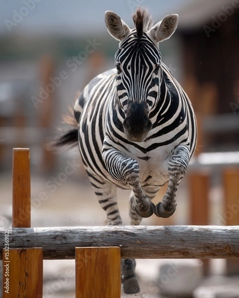 Fototapeta Zebra Running Over Obstacle in Natural Habitat at Wildlife Preserve