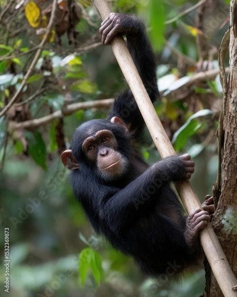 Fototapeta Chimpanzee Climbing on a Branch in Lush Jungle Environment