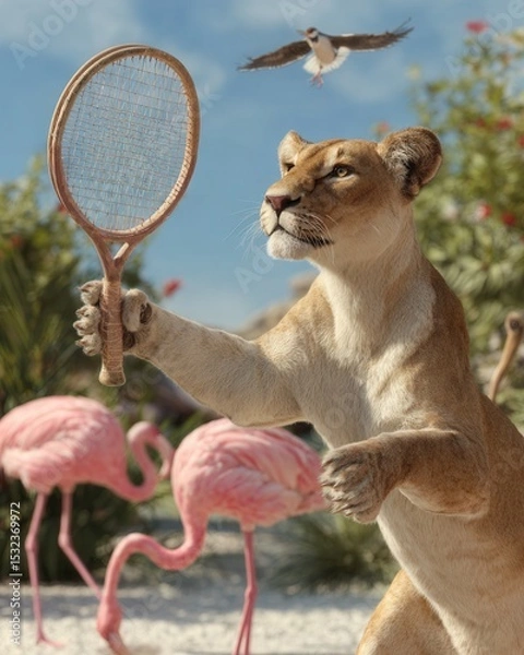 Fototapeta Lioness Playing Tennis with Flamingos and Bird in a Tropical Setting