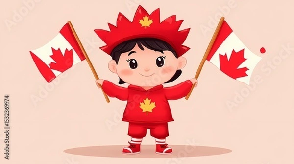Fototapeta Cartoon child in Canada Day costume with flags, simple full-body illustration