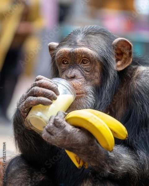 Fototapeta Chimpanzee Enjoying Smoothie and Holding Bananas in Natural Setting