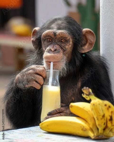 Fototapeta Chimpanzee Enjoying Refreshing Drink Next to Bananas in Bright Setting