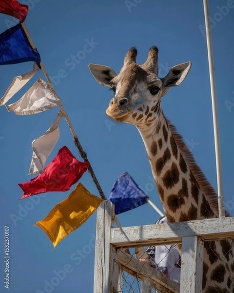 Fototapeta Giraffe Curiously Gazing with Colorful Flags in Background Sky
