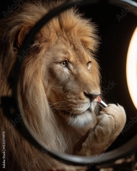 Fototapeta Close-Up of Majestic Lion Grooming Under Soft Studio Light