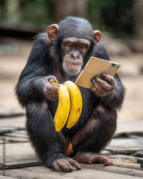 Fototapeta Chimpanzee with Bananas Using Smartphone in Natural Habitat