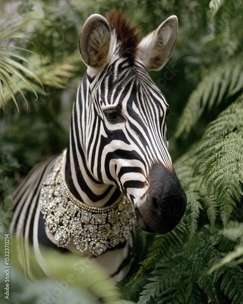 Fototapeta Elegant Zebra in Nature with Decorative Necklace Surrounded by Foliage