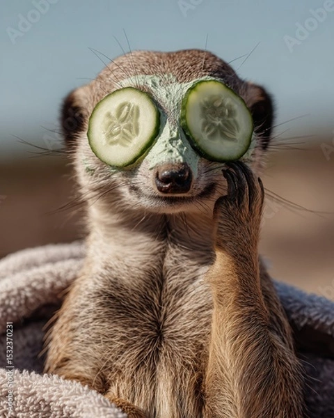 Fototapeta Meerkat with Cucumber Slices Relaxing at Spa Day in Nature
