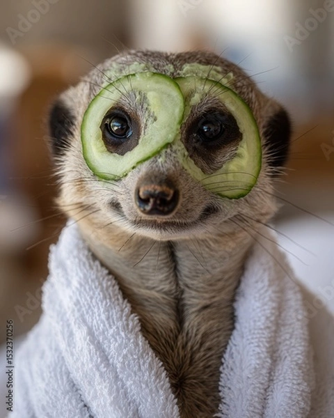 Fototapeta Cute meerkat with cucumber slices relaxing in a white towel