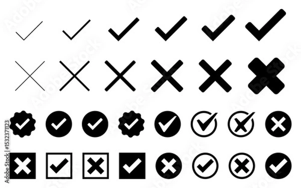 Obraz Check mark tick cross mark icon set verified badge icons approved button set check box correct right wrong buttons yes no checkmark black white buttons