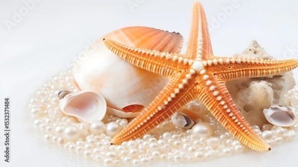 Obraz A warm-toned macro image of a rustic orange starfish, large cream-colored pearls, and small spiral seashells, placed organically on clean white sand with negative space in the top half of the image.