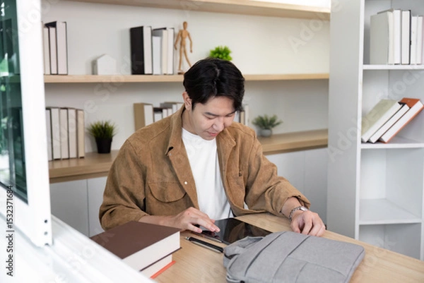 Fototapeta Remote Work and Collaboration. Young man using tablet at modern workspace.