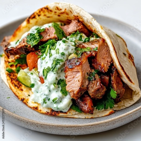 Obraz Grilled Meat Pita with Tzatziki and Vegetables