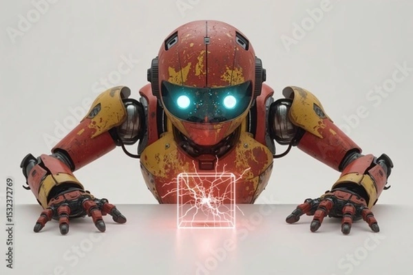 Fototapeta Image of a robot staring at a huge energy source to develop its own use, robot, droid, future robot, ai, energy, energy source, technology, science, healing, treatment, alternative future, work, mecha