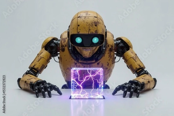 Fototapeta Image of a robot staring at a huge energy source to develop its own use, robot, droid, future robot, ai, energy, energy source, technology, science, healing, treatment, alternative future, work, mecha