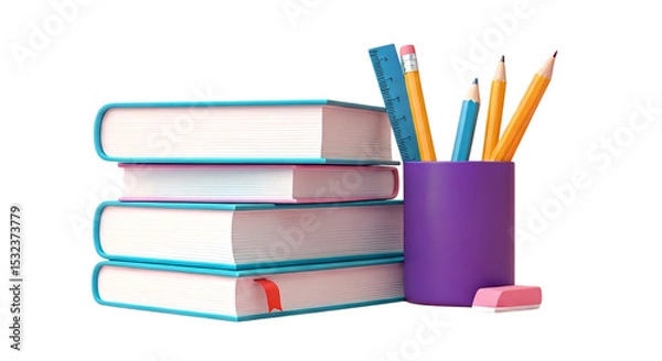 Fototapeta A stack of books with a pen holder containing pencils and a ruler on a black background