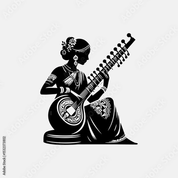 Fototapeta Classical Indian sitarist vector emblem showcasing cultural musician with flowing hand movements and authentic instrument details