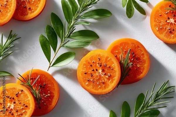 Fototapeta Freshly sliced orange fruit layered with aromatic herbs on a white surface
