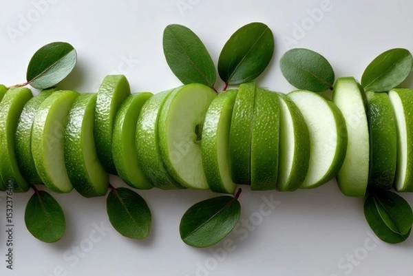 Fototapeta Freshly sliced green apples arranged with leaves for appealing display and presentation in bright lighting