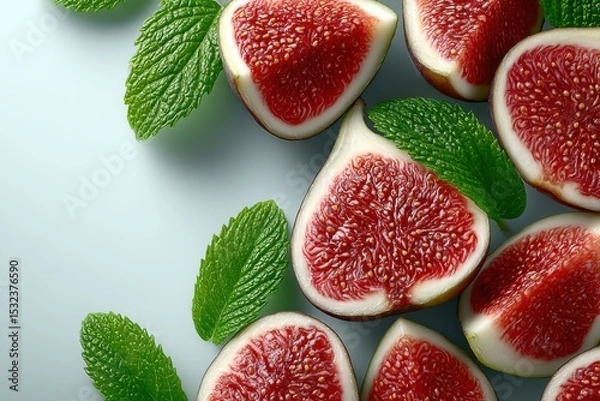 Fototapeta Fresh figs and mint leaves arranged on a light background create a vibrant and appetizing display for culinary enthusiasts