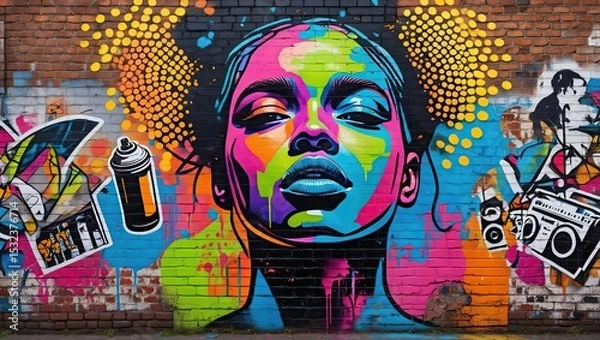 Obraz Street art pop art piece with stencil faces, graffiti splashes, halftone dots, and bold outlines layered over a grungy, textured wall background.