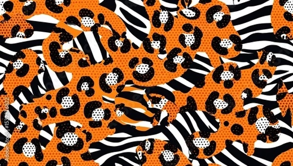 Obraz Pop art animal prints with bold color blocking, halftone shading, and stylized leopard spots and zebra stripes in bright, repeating patterns.