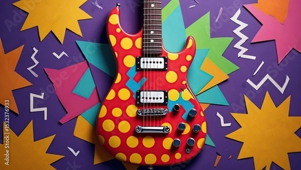 Obraz Pop art electric guitar with bold outlines, vibrant colors, halftone dots, and comic-style stars and zigzags in a retro abstract background.