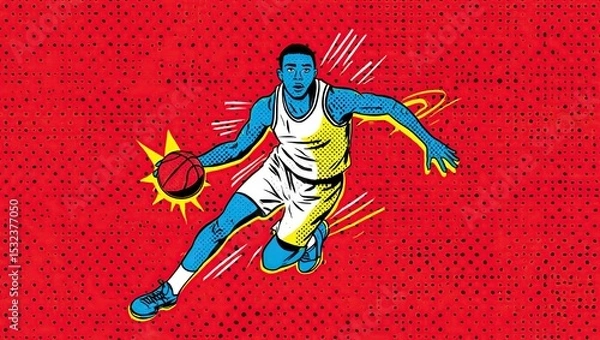Obraz Dynamic basketball or soccer player mid-action in bold pop art style with bright colors, halftone shading, speed lines, and comic starbursts.