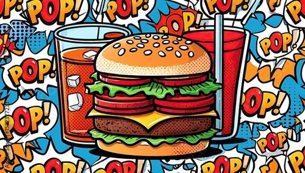 Obraz Juicy burger and soda in bold pop art style with bright colors, thick outlines, halftone shading, and comic “POP!” text bubbles on a dotted background.