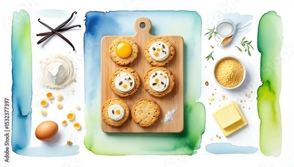 Obraz Recipe photo framed by soft watercolor borders and hand-painted ingredient illustrations with delicate brush textures and subtle color gradations.