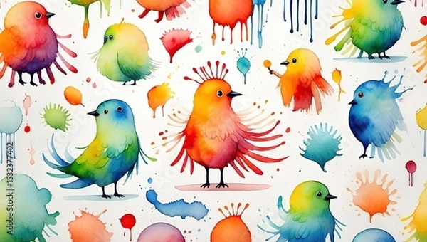 Obraz Playful watercolor characters and scenes with bright translucent colors, loose brush strokes, and whimsical paint splashes—perfect for storybooks and learning.