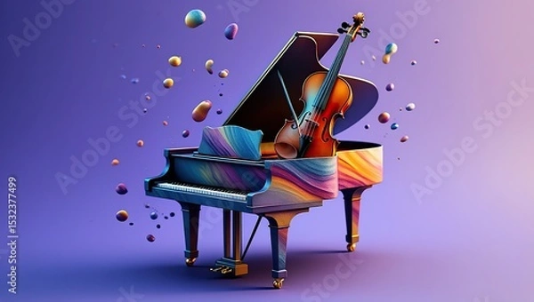 Obraz Violin or piano illustrated with soft watercolor overlays, gentle color blends, flowing brush strokes, and scattered paint droplets for an elegant, harmonious look.