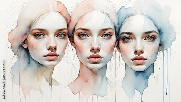 Obraz Minimalist portraits with soft watercolor washes, delicate paint drips, and transparent color layers that highlight facial features with emotional artistry.