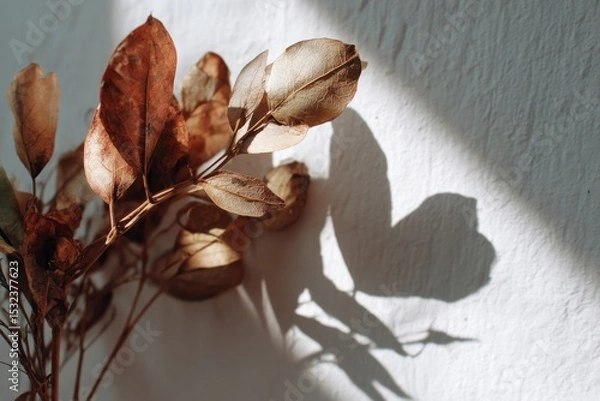 Fototapeta Dried foliage and shadow play: A close-up image captures the delicate beauty of dried foliage against a neutral backdrop. The sunlight casts dramatic shadows, adding depth and texture to the scene.