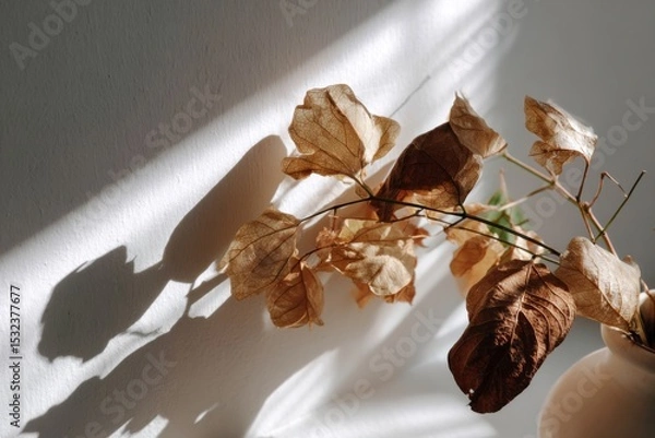 Fototapeta Dried Blooms Embrace Sunlight: Delicate dried flower and branch reach towards the sun, shadows dance across the background, a timeless embrace of light and nature.