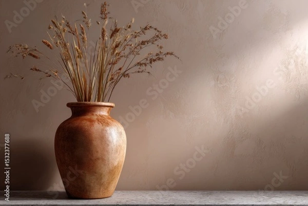 Fototapeta Wooden Vase with Dried Flowers: A rustic wooden vase, elegantly shaped, holds a bouquet of dried wildflowers, creating a serene and minimalist home decor still life. 