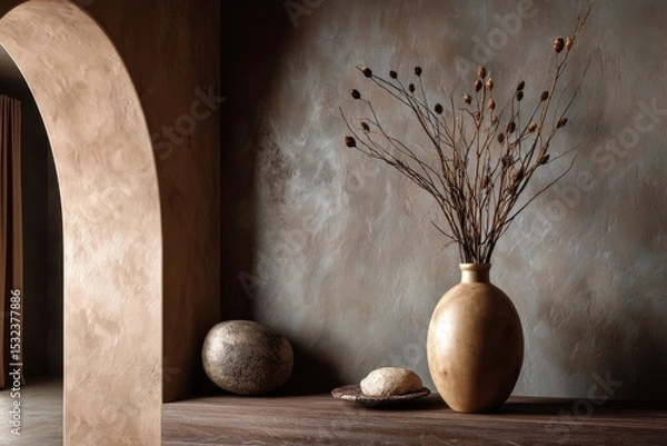 Fototapeta Wooden Vase with Dried Flowers:  A rustic wooden vase filled with dried flowers sits on a dark wood shelf against a textured wall, creating a serene and minimalist still life.