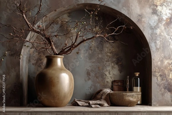 Fototapeta Elegant Vase Composition: An eye-level studio shot showcases a large ceramic vase adorned with delicate branches, artfully arranged within an arched alcove, emanating a minimalist style.
