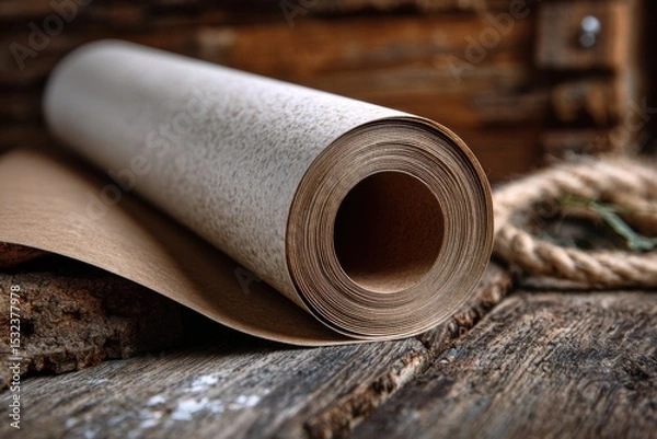 Fototapeta Antique Scroll Unveiled: An old scroll rests upon rustic wood, its unrolled edge hinting at tales of adventure and forgotten lore.