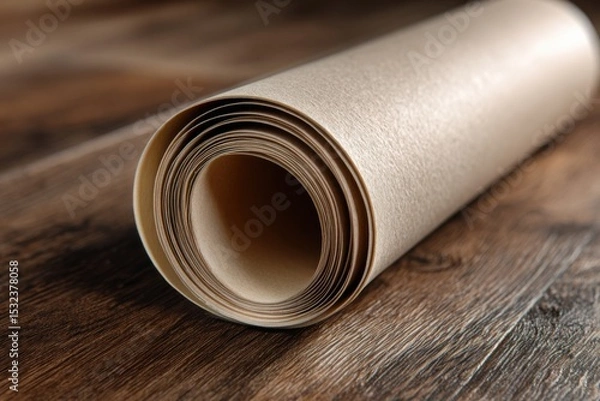 Fototapeta Rolled Paper Texture: A close-up shot showcases a rolled scroll of textured paper, resting on a rustic wooden surface, offering a sensory experience of tactile elements.
